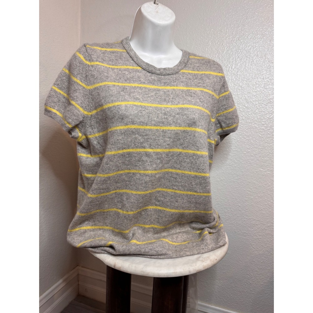 C. Cashmere 100% Cashmere Sweater XL Gray Yellow Striped Knit Short Sleeve Top